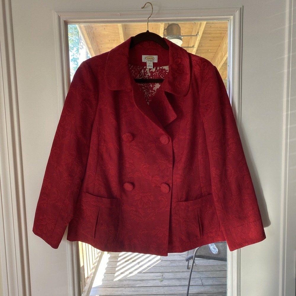 Talbots Women's Red Jacquard Cropped Blazer‎ Jacket Size X Double Breasted    96